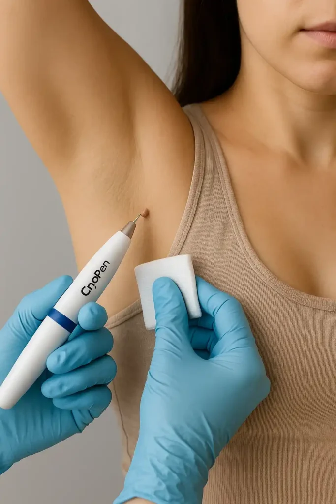 woman having cryopen to remove underarm skin tags Worthing