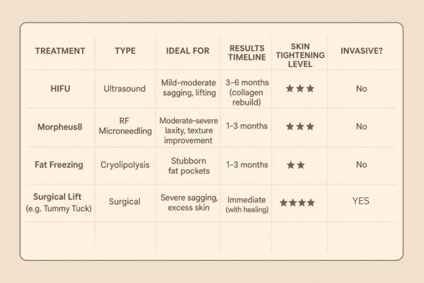 Table showing the comparisons of Skin tightening Worthing treatment options.